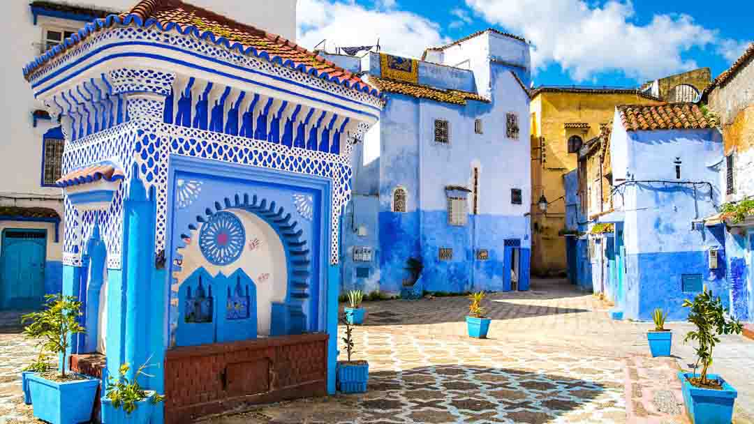 Blue and white buildings of the town square in Chefchaouen,Morocco.